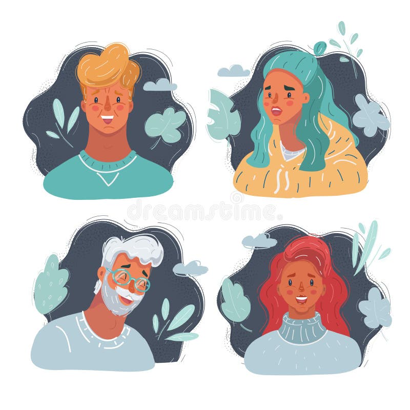 Vector illustration of human faces, man and woman on dark backroud. stock illustration