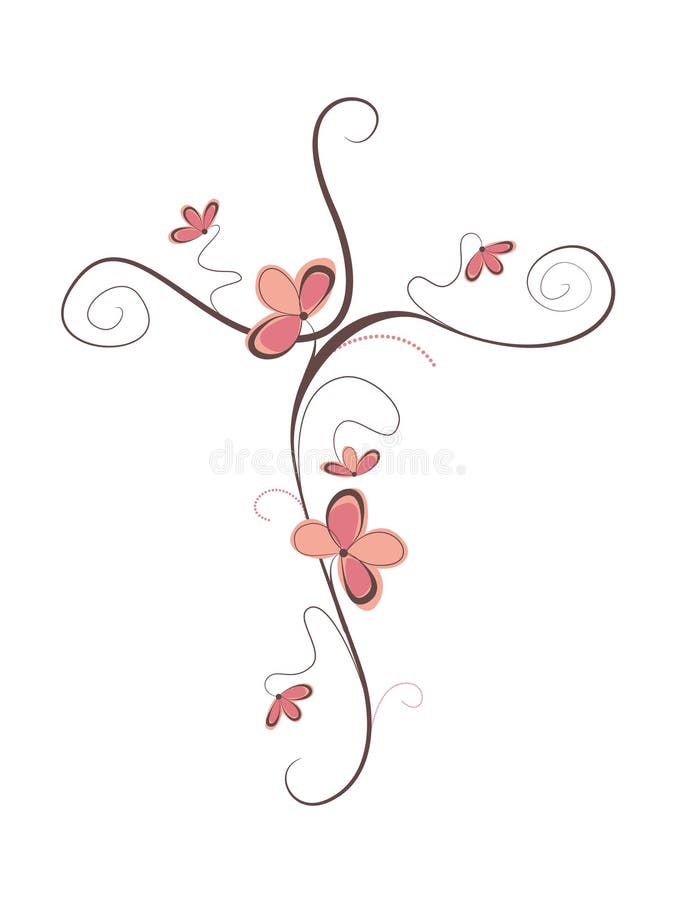Vector illustration isolated Christian cross with pink flowers ornament. Religious symbol. Vector illustration isolated Christian cross with pink flowers ornament. Religious symbol