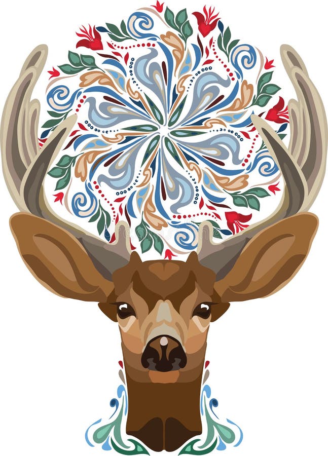 Vector illustration isolated deer. With floral circle between horns. Young cute forest animal. Symbol of spring royalty free illustration Vector illustration isolated deer. With floral circle between horns. Young cute forest animal. Symbol of spring royalty free illustration