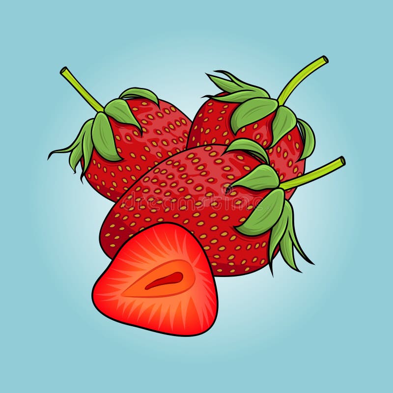 Isolated Ripe Strawberry Fruits Whole and Cut in Half Stock Vector