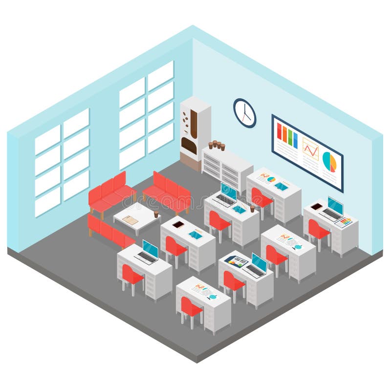 Vector illustration of isometric office room. Includes table, office chairs, coffee machine, laptops in cartoon flat