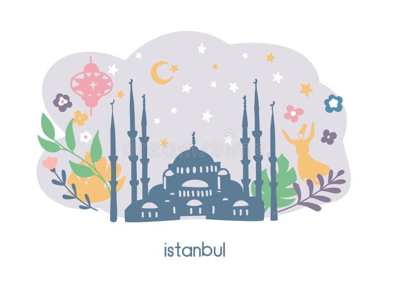 Vector illustration Istanbul with famous turkish landmarks and cute doodle flowers, leaves and plants. The Blue Mosque, crescent moon. Card, banner, leaflet, flyer or poster design. - Vector