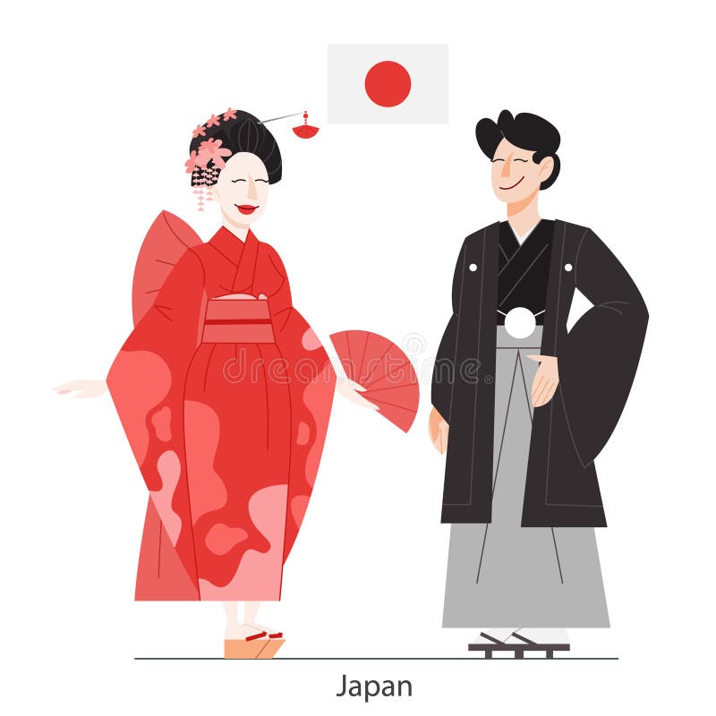 Vector Illustration of Japan Citizen in National Costume with a Flag ...