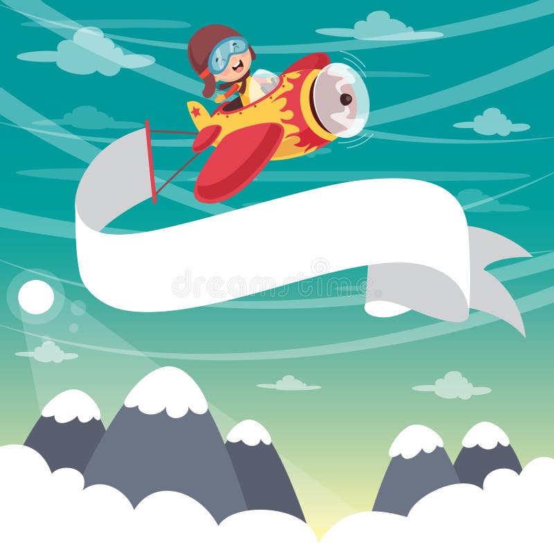 Vector Illustration Of Kid Flying Plane With Banner