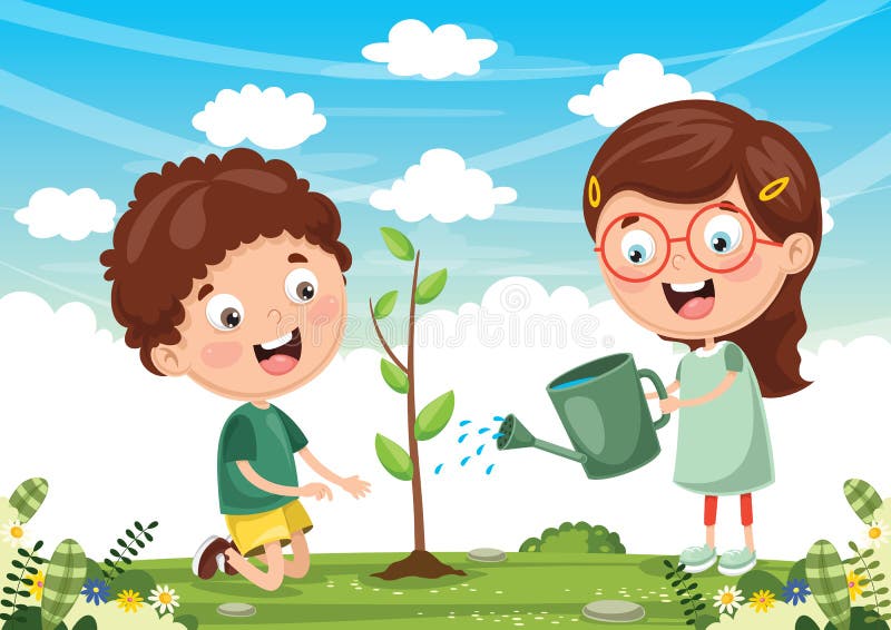Vector Illustration Of Kids Planting royalty free illustration