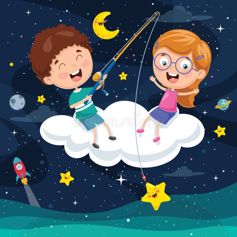 Vector Illustration Of Kids Sitting On Cloud