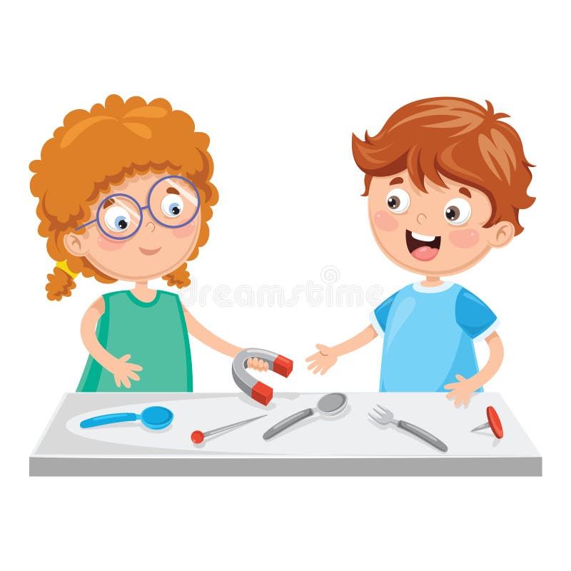 Vector Illustration Of Kids Using Magnet