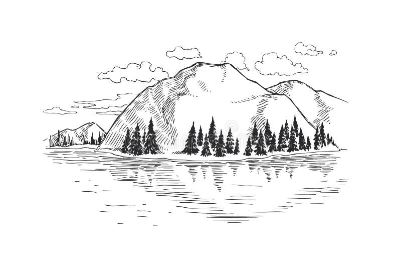 Vector Illustration with Lake and Hills. Hand Drawn Mountain Landscape ...