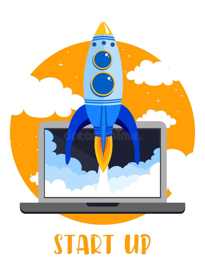 Vector illustration of Laptop with Rocket quick Start up business concept in flat style. stock illustration