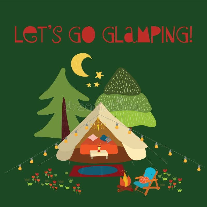Vector illustration Lets go glamping - summer camping scene. Boho teepee tent. Camp night scene with campfire, chairs, trees, moon
