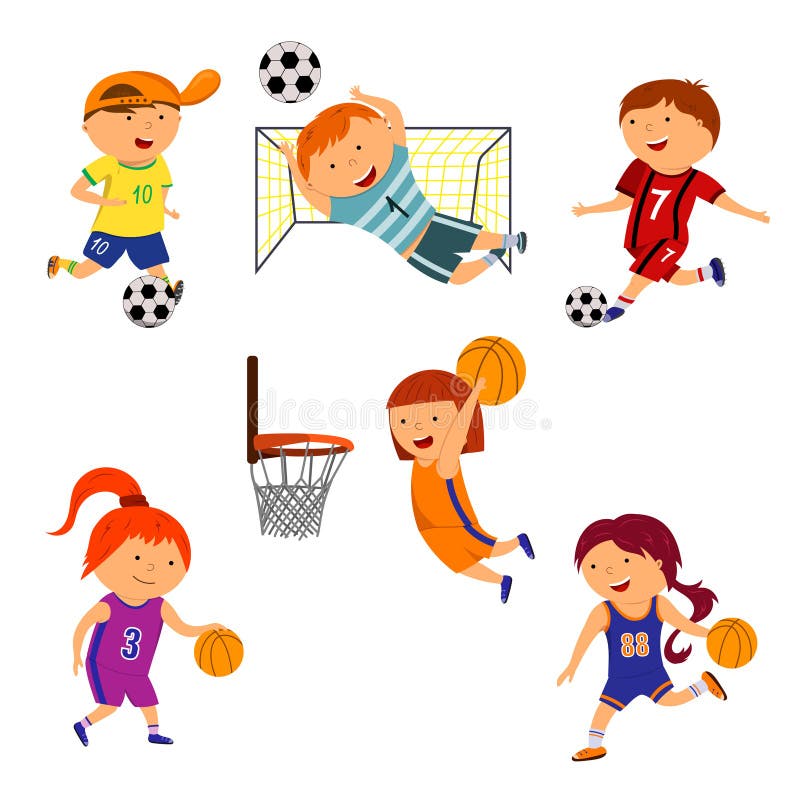 Vector illustration of little boys and girls playing football and basketball. A set of cute cartoon children stock illustration