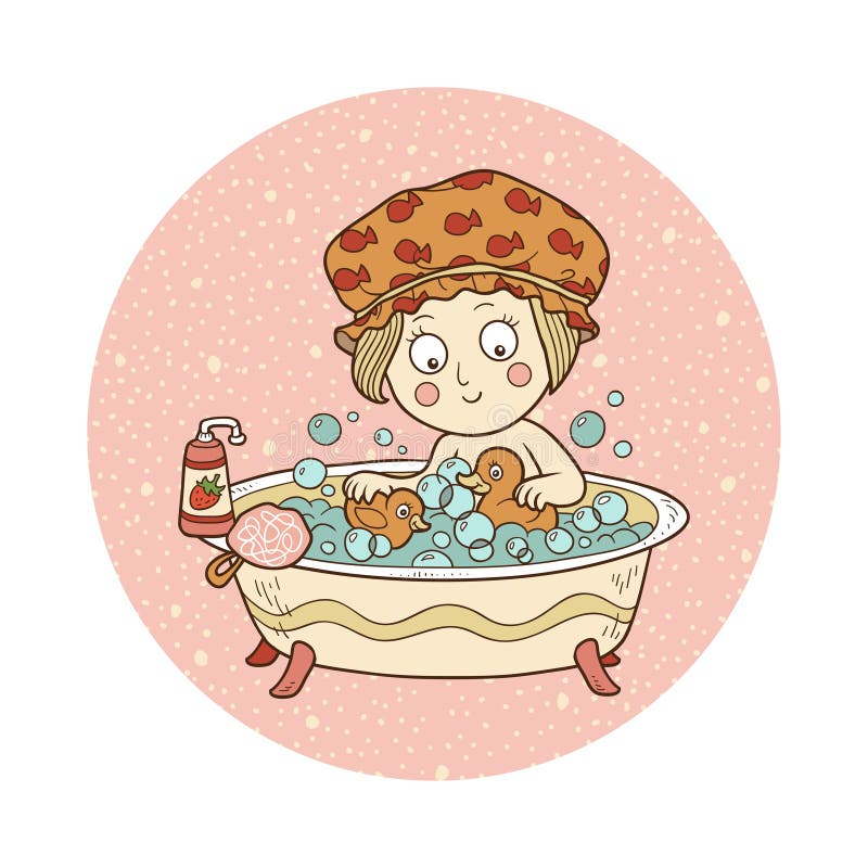 Vector illustration: little girl in a bathtub with soap bubbles royalty free illustration