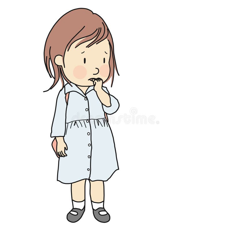 Vector illustration of little kid biting her nail to relieve anxiety, loneliness, stress. Early childhood development stock illustration Vector illustration of little kid biting her nail to relieve anxiety, loneliness, stress. Early childhood development stock illustration
