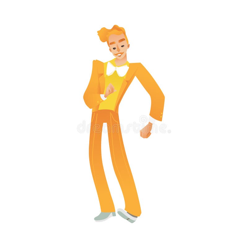 Vector illustration of man dancing disco isolated on white background - young caucasian male cartoon character in retro clothes and with hairstyle of 70s fashion style makes dance moves. Vector illustration of man dancing disco isolated on white background - young caucasian male cartoon character in retro clothes and with hairstyle of 70s fashion style makes dance moves.