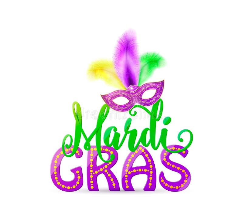 Vector illustration of Mardi Gras text sign with venetian masquerade mask