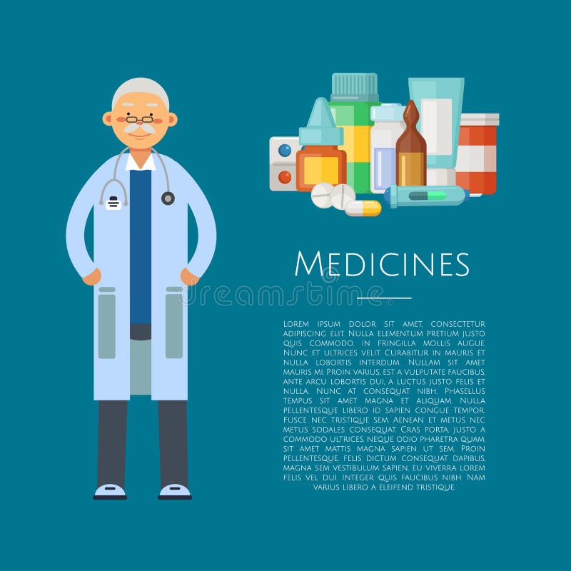 Vector illustration with medical doctor character and pile of medicines