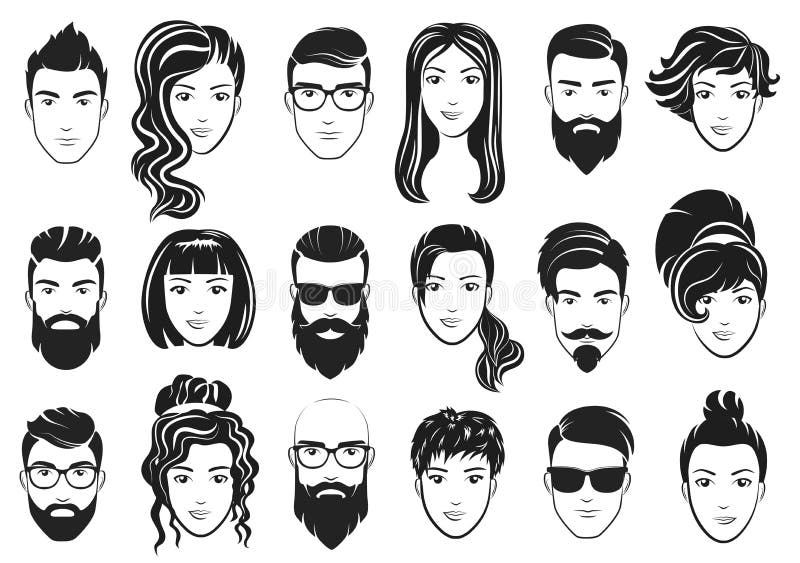 Vector Illustration of Men with Stylish Beards and Women with Beautiful Hair.  Male and Female Hairsyles Set. Stock Vector - Illustration of stylish,  elegant: 100192004