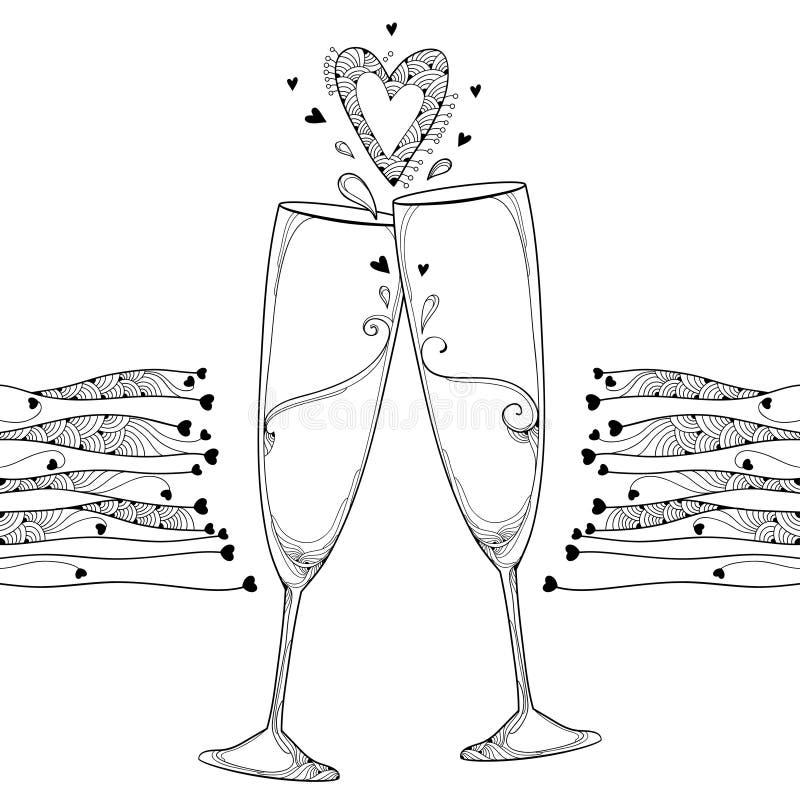 Vector Illustration mit der Kontur zwei, die das Champagnerglas und aufwändiges Herz im Schwarzen lokalisiert auf weißem Hintergr stock abbildung