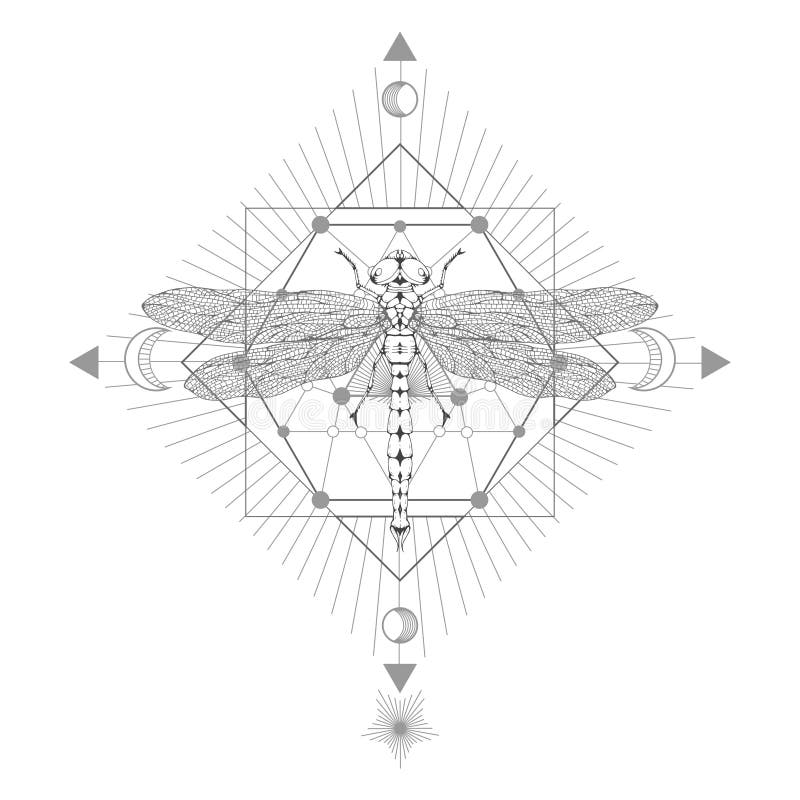 Vector Illustration mit Hand gezeichneter Libelle und heiliges geometrisches Symbol auf weißem Hintergrund Abstraktes mystisches lizenzfreie abbildung Vector Illustration mit Hand gezeichneter Libelle und heiliges geometrisches Symbol auf weißem Hintergrund Abstraktes mystisches lizenzfreie abbildung