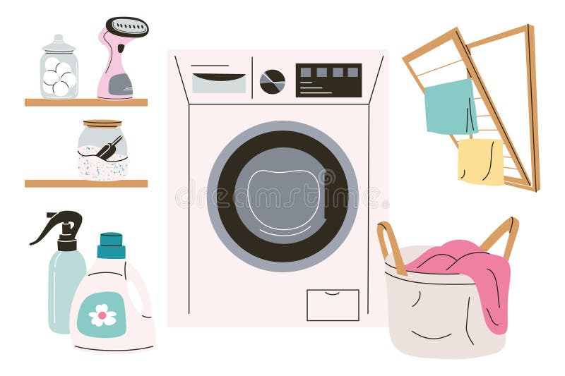 Vector illustration of modern laundry room setup with washing machine, cleaning supplies, drying rack, and basket with royalty free illustration