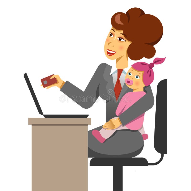 A vector illustration of a mother with a kid while internet shopping. Work and life balance. stock illustration A vector illustration of a mother with a kid while internet shopping. Work and life balance. stock illustration