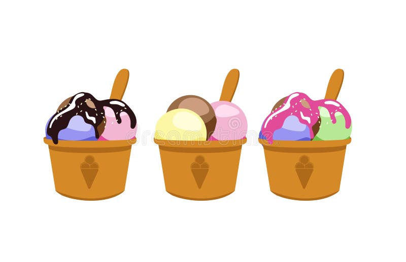 Vector illustration of natural Ice Cream, poster with soft serve neapolitan icecream in takeaway cup, 3 colorful scoop