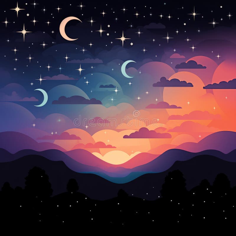 Vector Illustration of Night Sky with Stars and Clouds Stock ...