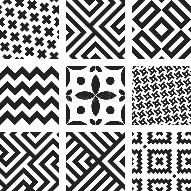 Nine seamless geometric regular patterns in black and white. vector illustration