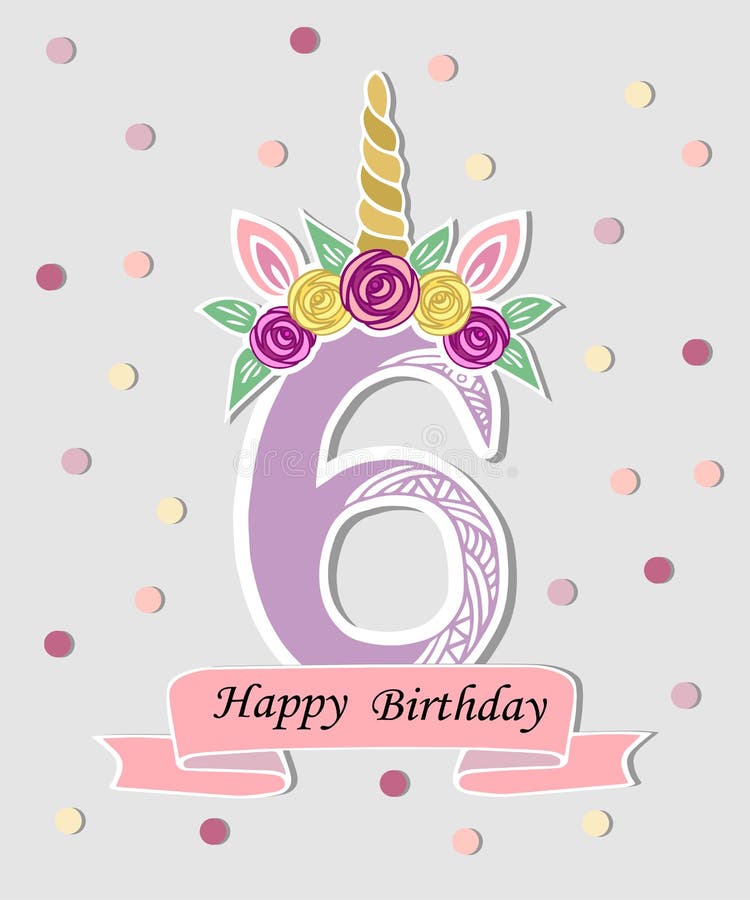 Vector Illustration With Number Six Unicorn Horn Ears And Flower