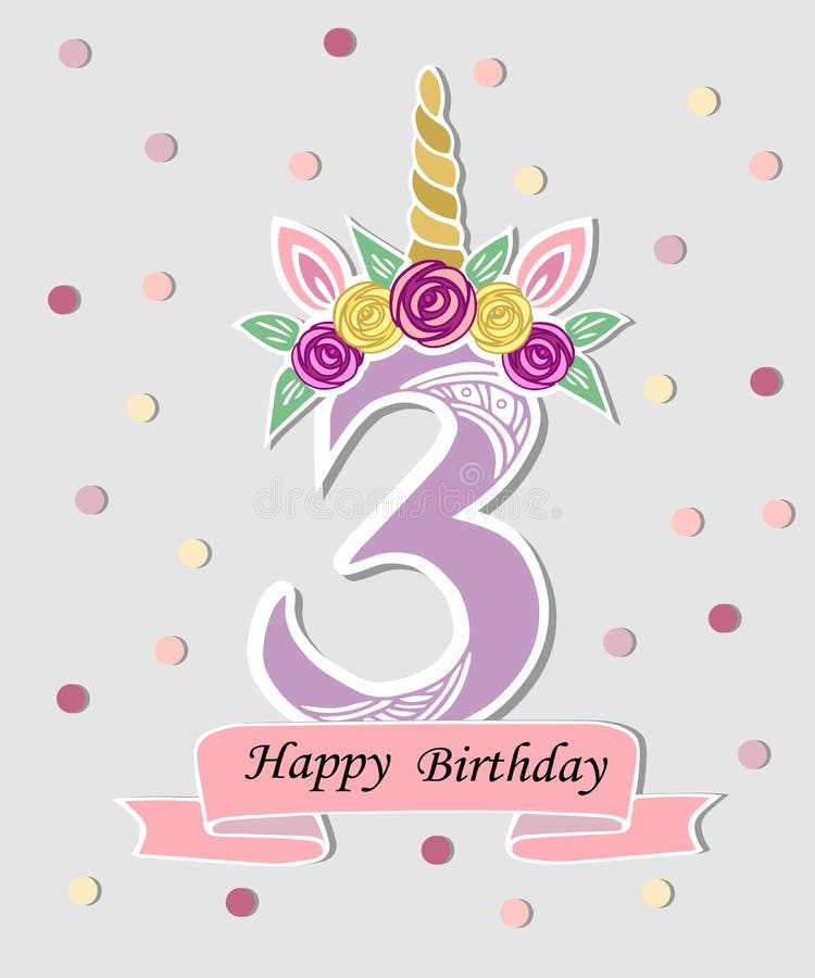 vector illustration with number three unicorn horn ears and flower wreath stock vector illustration of birth birthday 112973754