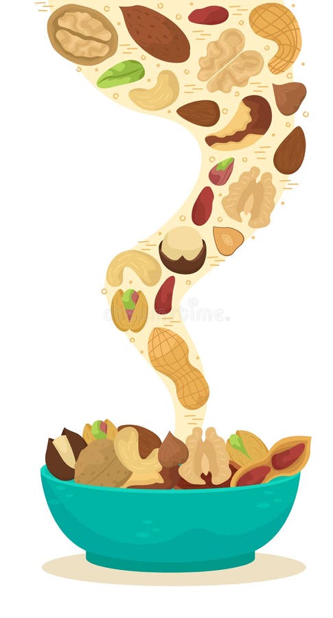 Vector illustration of nuts falling into a deep dish stock illustration