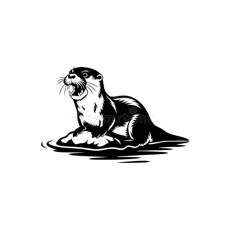 Vector Illustration of an Otter on a Rock with Open Mouth in Water stock illustration