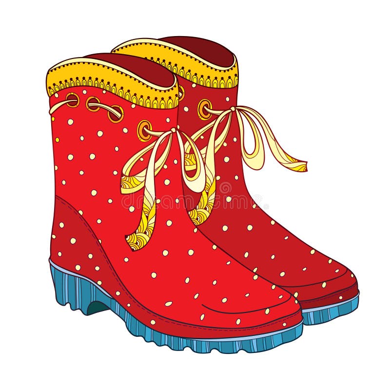 Vector Illustration of Outline Red Rubber Boots with Ornate Bow ...