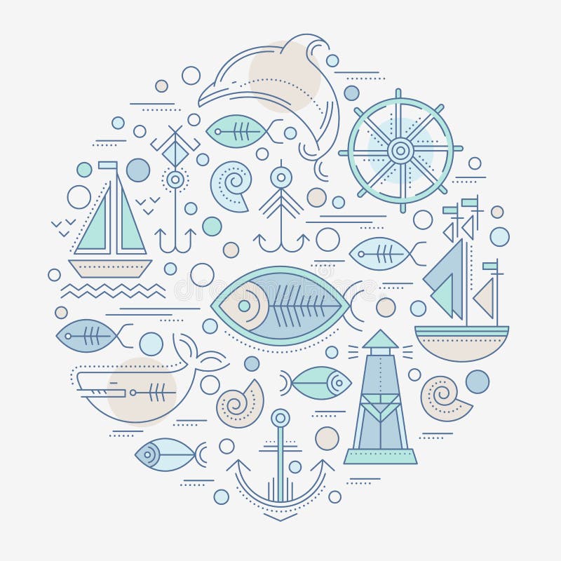 Vector illustration with outlined nautical seafaring signs and marine animals stock illustration Vector illustration with outlined nautical seafaring signs and marine animals stock illustration