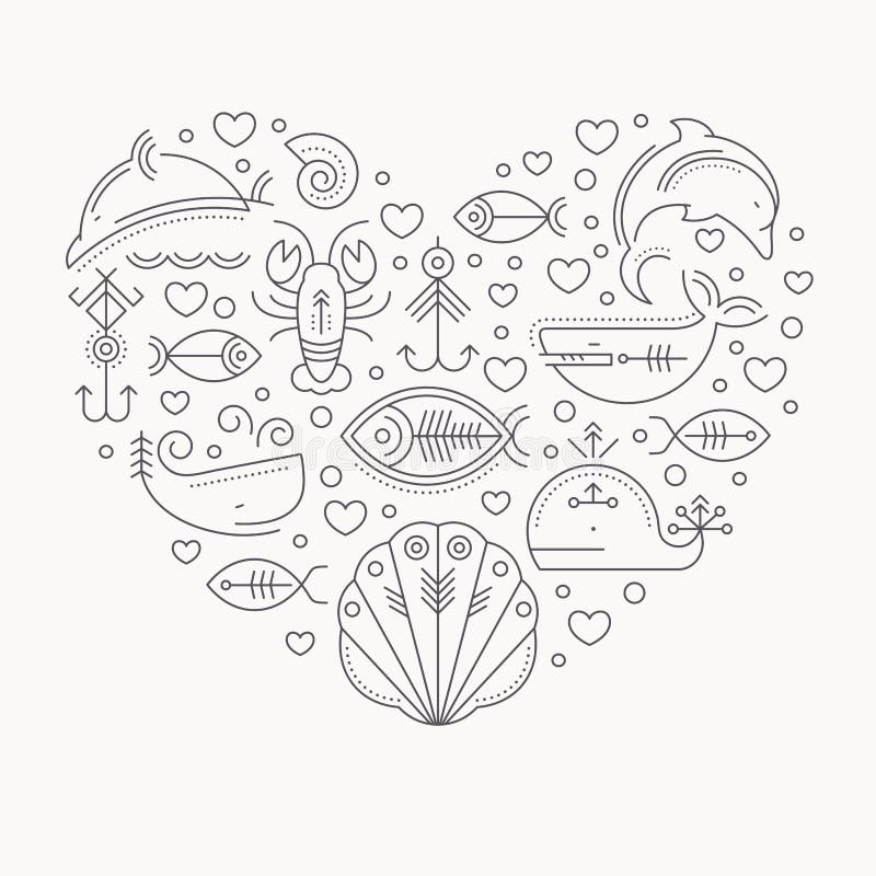 Vector illustration with outlined signs of marine animals forming a heart stock illustration Vector illustration with outlined signs of marine animals forming a heart stock illustration