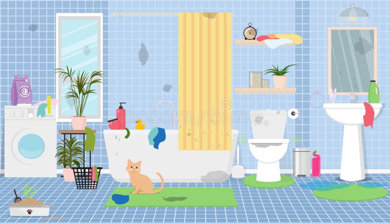 Dirty Bathroom, Toilet, Cat`s Tray, Dirty Laundry. Vector Flat ...