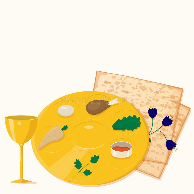 Vector Illustration of Passover Seder Plate with Matzoh and Wine Stock