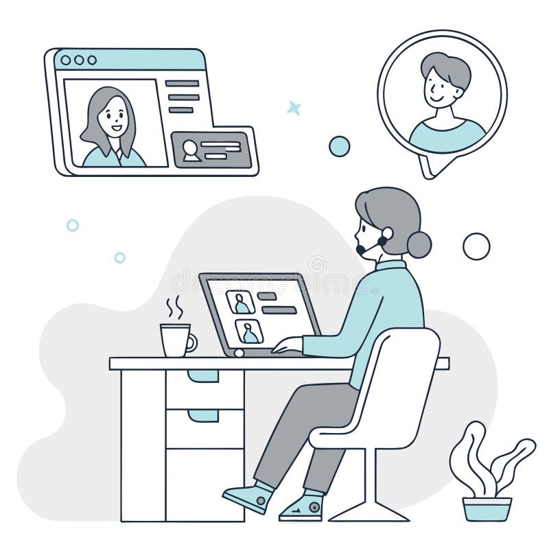Vector illustration of a person working remotely with laptop, headset, and online video call. Concept for remote work, customer stock illustration