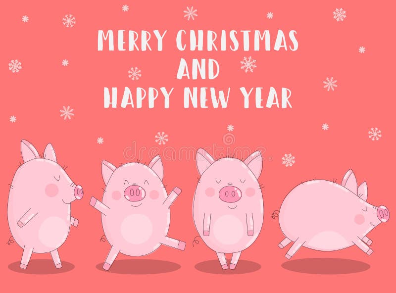 Vector illustration of pigs in winter clothes and snowflakes on a pink background. Image for New Year, Christmas, prints, invitati stock illustration Vector illustration of pigs in winter clothes and snowflakes on a pink background. Image for New Year, Christmas, prints, invitati stock illustration
