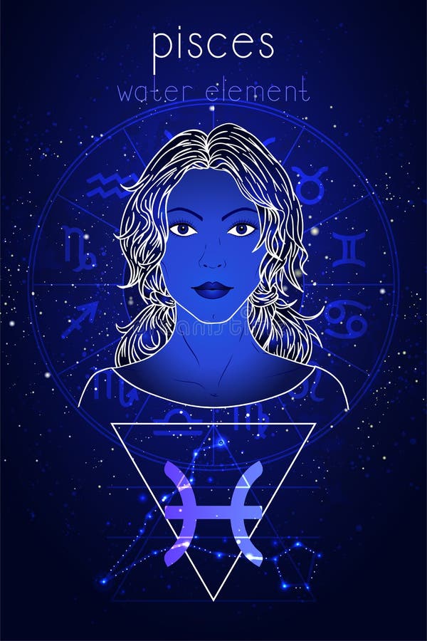 Vector Illustration of Pisces Zodiac Sign, Constellation and Portrait ...
