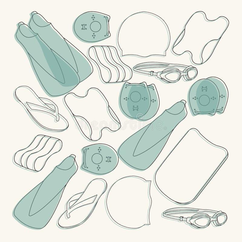 Vector Illustration of Professional Swimming Equipment Set in Li Stock