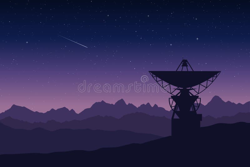 Vector illustration of radio telescope in remore mountain location at night. Silhouette large antenna observatory space research stock illustration