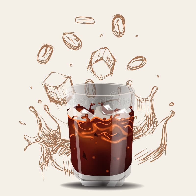 Vector illustration in realism 3d style with iced coffee and hand drawed doodle for advertising poster. Vector illustration in realism 3d style with iced coffee and hand drawed doodle for advertising poster