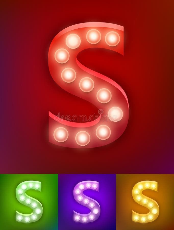 Vector illustration of realistic old lamp alphabet for light board. Vintage vegas show typography. Letter S