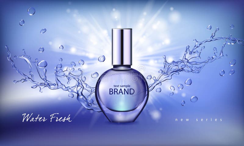 Vector illustration of a realistic style perfume in a glass bottle on a blue background with water splash