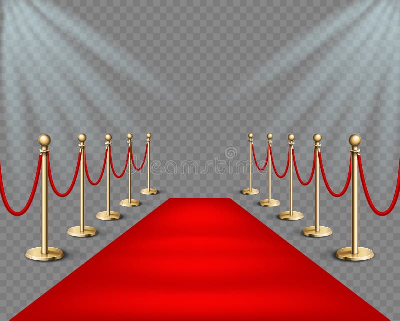 Vector illustration Red event carpet and golden barriers with lights projectors. Realistic illustration in transparent