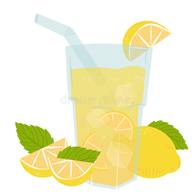Vector illustration of a refreshing glass of lemonade with ice cubes, lemon slices, and mint leaves. Bright and fresh vector illustration