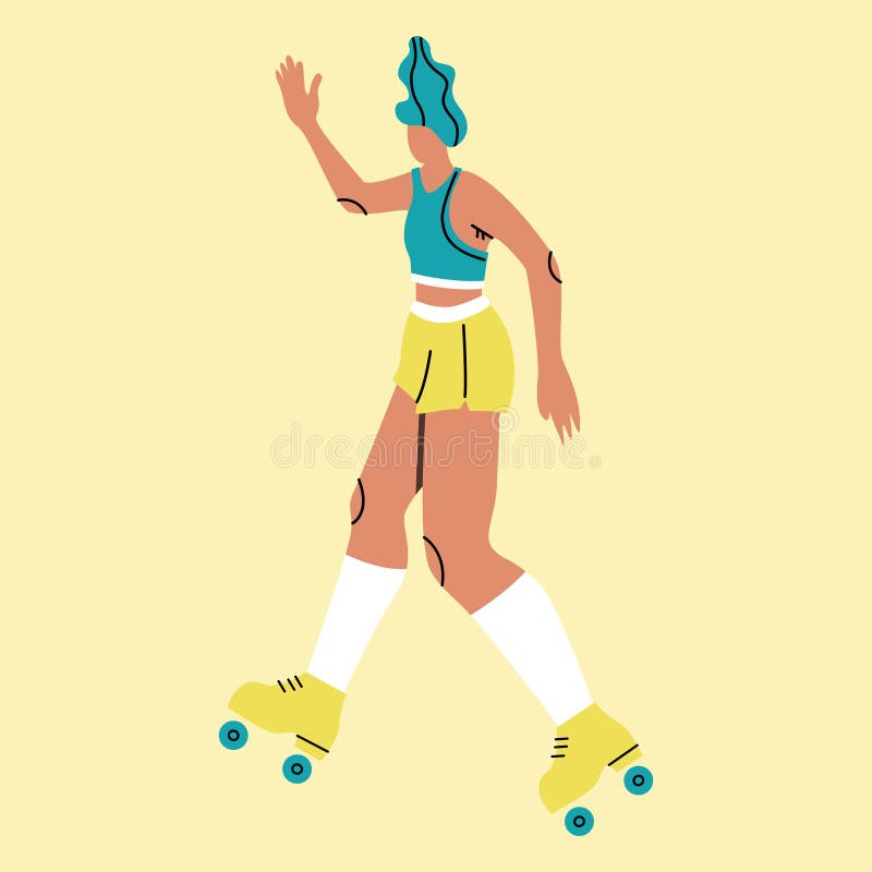 Vector Illustration with Roller Skating Woman. Cartoon Character Doing Sport Stock Vector