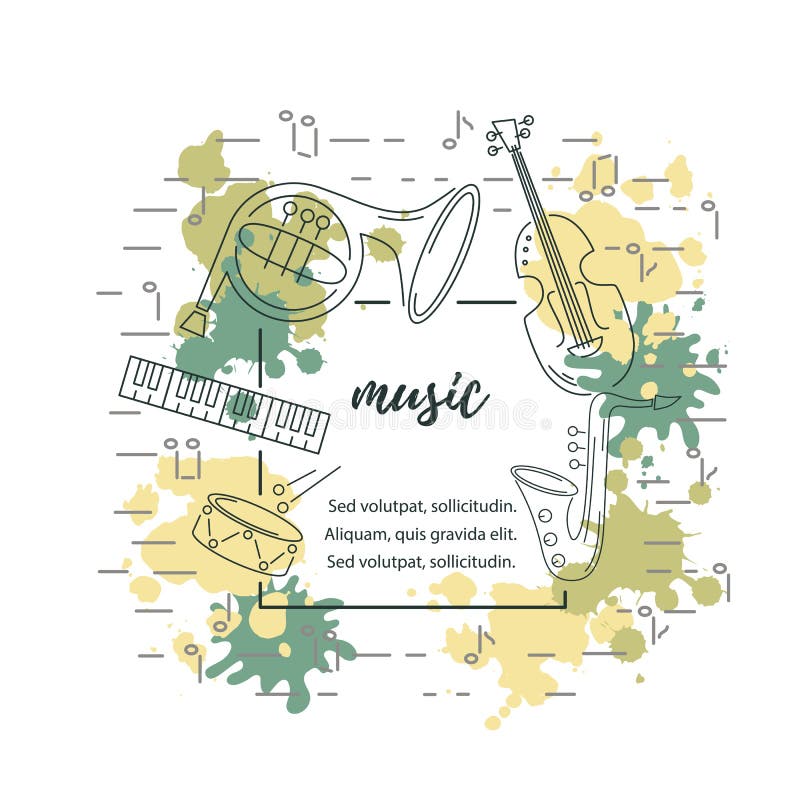 Template for music festival, jazz party, invitation, greeting card, concert poster. Vector illustration with saxophone, piano, violin, french horn drum Line style. Template for music festival, jazz party, invitation, greeting card, concert poster. Vector illustration with saxophone, piano, violin, french horn drum Line style