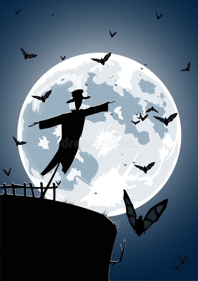 Vector illustration of scarecrow with full moon